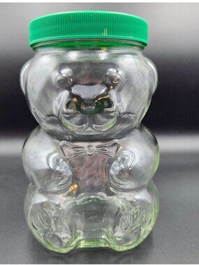 Vintage Kraft Peanut Butter Glass Jar Piggy Bank Bear Canadian Clear Green Read
